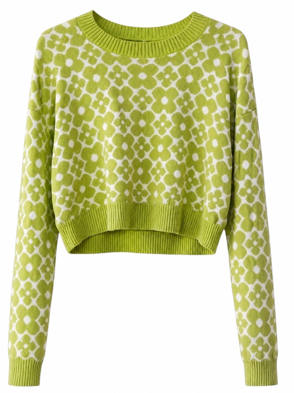 Hollister Floral Cropped Sweater Small Lime Green Crewneck Knit